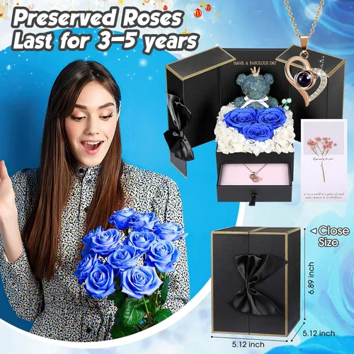 Vista 6 de AddWel Regalos de rosas para mujer, rosas azules reales preservadas con collar I Love You en 100 idiomas y lindo oso de musgo para novia, esposa
