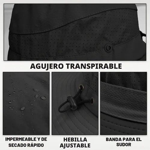 Vista 3 de Sombreros de sol para hombres y mujeres, protección UPF 50+, sombrero de Negro