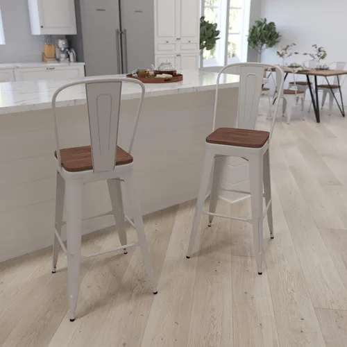Vista 13 de Merrick Lane Amsterdam Taburete de bar – Silla de bar de metal negro antiguo con asiento de madera – Taburete de cocina con respaldo curvado