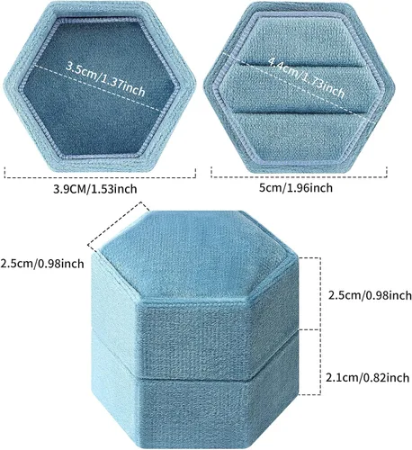 Vista 4 de Caja hexagonal DesignSter de terciopelo, portadora de anillos, hermoso estilo vintage de primera calidad, con tapa desmontable, con doble base