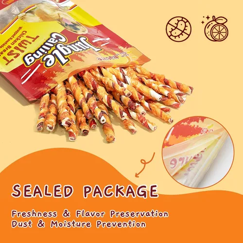 Vista 8 de Jungle Calling Golosinas para perros, palitos masticables de cuero crudo envueltos en pollo, masticables dentales altos en proteínas y bajos