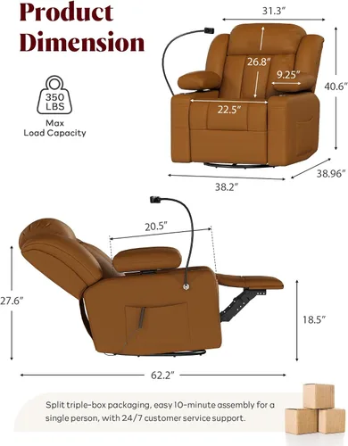 Vista 2 de Silla reclinable giratoria eléctrica con reposabrazos ajustables Marrón
