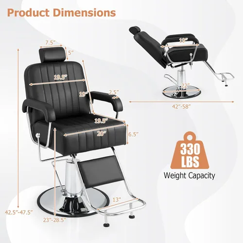 Vista 3 de Giantex Silla de peluquería reclinable, silla de salón para estilista, respaldo reclinable, giro de 360 grados, ajuste de altura, bomba hidráulica