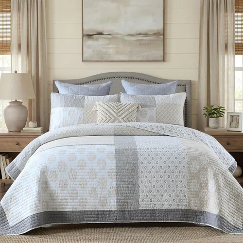 Vista 11 de KALOOLA - Juego de ropa de cama con colcha acolchada de retazos tamaño queen, 100% algodón, colcha ligera con 2 fundas de almohada, colcha