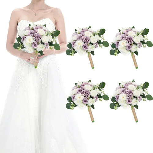 Vista 27 de Ramos para dama de honor para boda - Ramo de flores artificiales de 7 pulgadas para fiesta, ceremonia, aniversario, centros de mesa para mesa de Azul