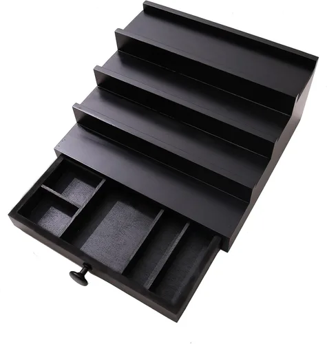 Vista 9 de 4 Tier Men's Cologne Organizer, Black Wooden Display Stand with Drawer Negro-4 niveles