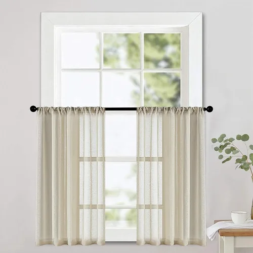 Vista 6 de MRTREES Cortinas de Niveles Transparentes Beige Cocina 36 pulgadas de Largo Cortinas Cortas de Baño Visillos Transparentes de Gasa Media Ventana
