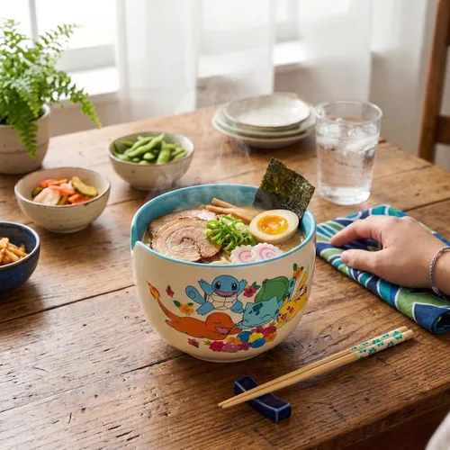 Vista 9 de Silver Buffalo Pokemon Spring Flowers con Pikachu, Bulbasaur, Squirtle y Charmander Tazón de cerámica para fideos ramen y arroz con palillos, apto