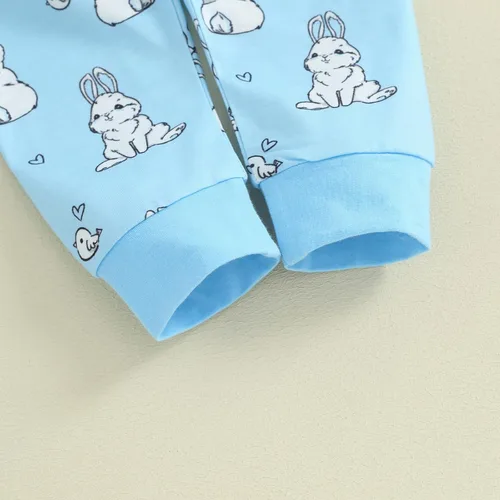 Vista 5 de Lamuusaa Traje de Pascua para recién nacido, niño y niña, mameluco de manga corta, estampado de conejo, pantalones largos, sombrero, 3 piezas