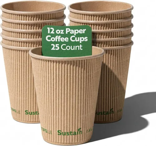 Vista 16 de Restaurantware Tazas de café de papel de 4 onzas, paquete de 25 tazas aisladas de pared ondulada, para bebidas calientes, papel kraft resistente a