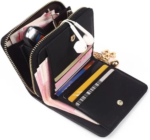 Vista 6 de Monedero corto de 3 pliegues para mujer, con tarjetero de charol (color negro)