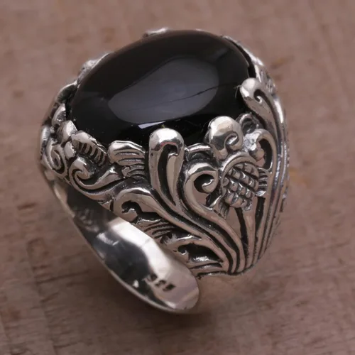 Vista 6 de NOVICA Anillo de cóctel floral de plata de ley 925 de ónix negro