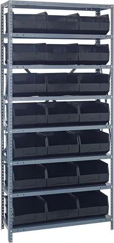 Vista 220 de Quantum QSBU-245BK Heavy Duty Shelving Unit with (7) Shelves and (24) QUS245 Black Bins for Garage Warehouse Storage Distribution 400 lb Load