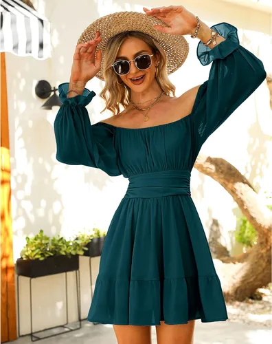 Vista 4 de Exlura - Vestido de manga larga para mujer con cuello cuadrado holanes cintura elástica acampanado amarre posterior estilo casual y corto