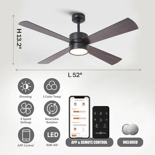 Vista 5 de Ventiladores de techo con luces, ventilador de techo de araña de 52 pulgadas con LED RGB para dormitorio, sala de estar, control remoto/aplicación