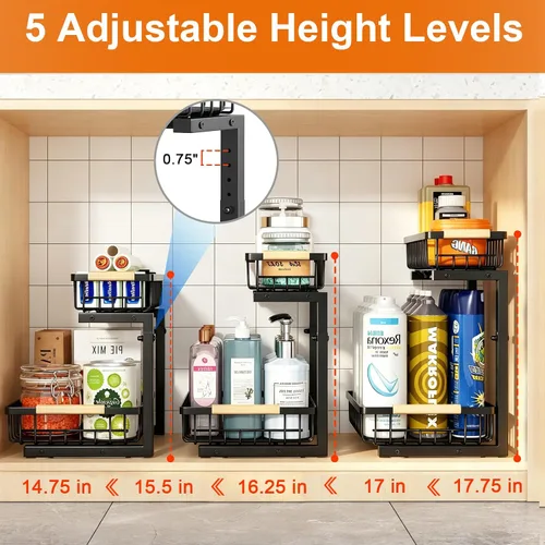 Vista 5 de REALINN Organizador para debajo del fregadero, almacenamiento de armario extraíble de 2 niveles de altura ajustable, organizador de cajones