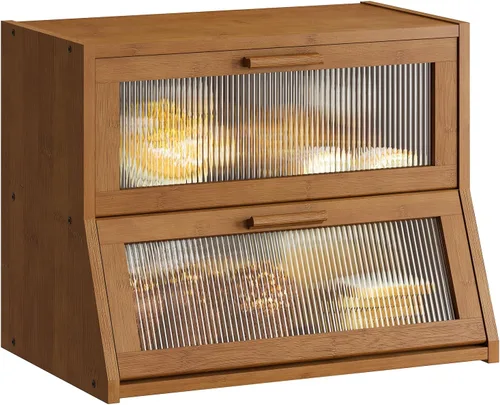 Vista 13 de GHWIE Panera de bambú de doble capa para encimera de cocina, contenedor de almacenamiento de pan de gran capacidad, recipiente para pan con panel