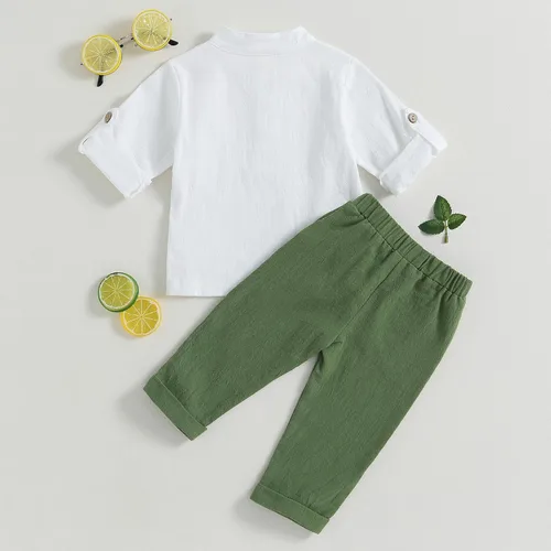 Vista 3 de Karuedoo Conjunto de camisas Henley de algodón y lino con botones y pantalones casuales para bebé niño