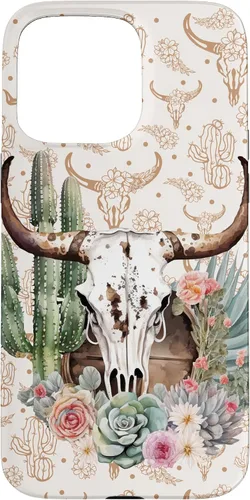 Vista 31 de Western Boho Chic Longhorn Bull Skull Cactus Beige Pattern Case for iPhone 17