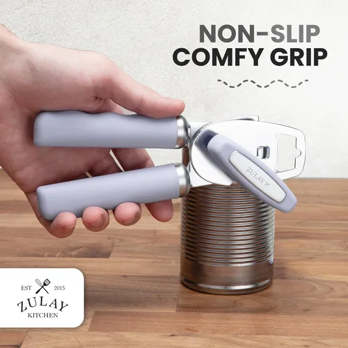 Vista 5 de Zulay Kitchen Abrelatas manual de acero inoxidable resistente con abridor de botellas, abrelatas manual a prueba de óxido con perilla giratoria
