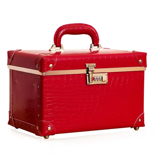 Vista 15 de urecity Estuche de maquillaje vintage de piel artificial, organizador profesional de cosméticos con cerradura de combinación de metal, caja