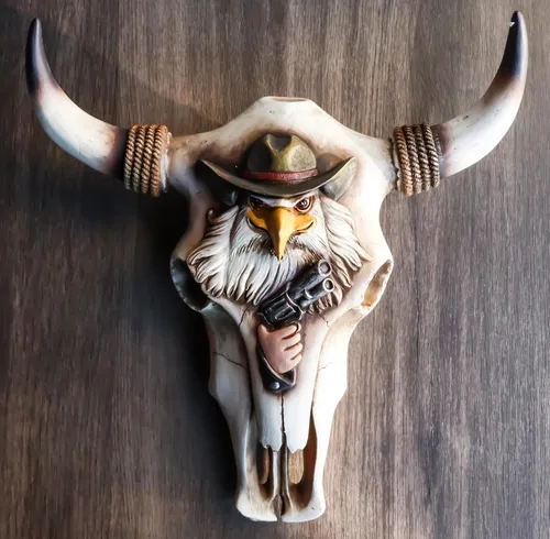 Vista 8 de Ebros Gift Rústico vaquero de águila occidental con pistola revólver cuerdas, cráneo de vaca, decoración de pared, escultura, fauna silvestre