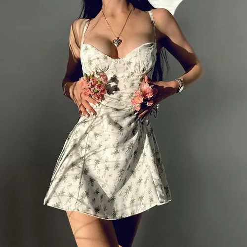 Vista 5 de Mini vestido floral con vuelo para mujer, sexy, tirantes delgados, sin espalda, acampanado, vestido corto de playa, bohemio, vestido de sol