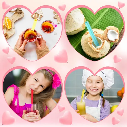 Vista 7 de Jutom Paquete de 25 pajitas en forma de corazón de San Valentín de 9.8 pulgadas reutilizables de silicona con 2 cepillos de limpieza para regalos