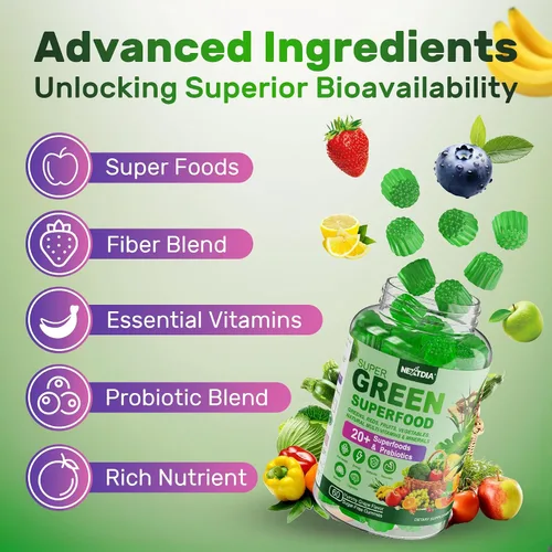Vista 9 de Gomas Super Greens, alternativa en polvo de superalimento de verduras con espirulina, clorela, fibra prebiótica, probiótico, vegetales y frutas