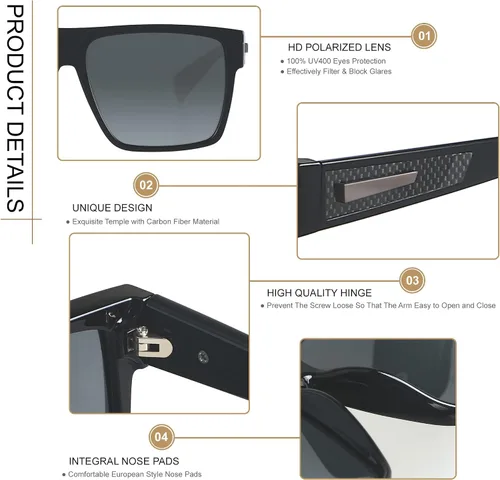 Vista 2 de ANDWOOD Lentes de sol polarizados cuadrados para hombres y mujeres protección UV parte superior plana grandes tonos de moda para conducir