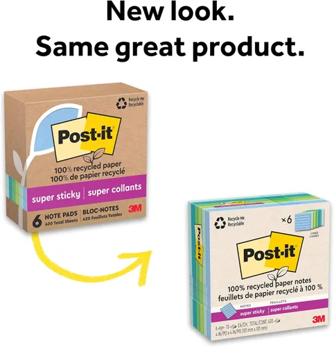 Vista 9 de Post-it - Notas superadhesivas de papel 100% reciclado, forradas, 4 pulgadas x 4 pulgadas, 6 blocs, 70 hojas por bloc, colección Oasis, suministros