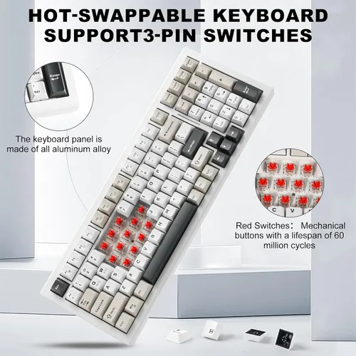 Vista 6 de Teclado mecánico inalámbrico para juegos BT5.0/2.4GHz/USB, LED multicolor con 18+ modos, teclado personalizado intercambiable en caliente