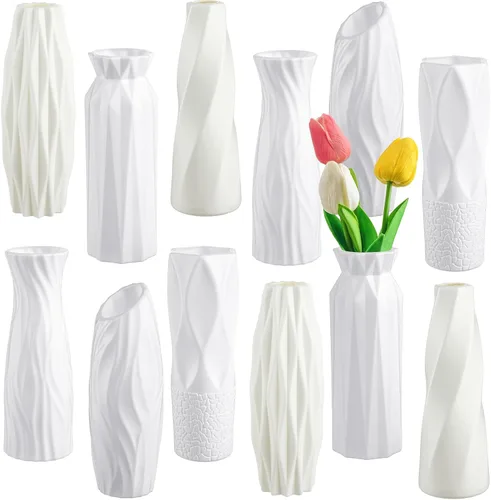 Vista 9 de Hoolerry 12 jarrones de flores blancas a granel para centros de mesa, florero blanco de plástico para flores, jarrón decorativo alto irrompible