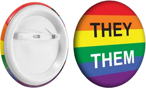 Vista 2 de Pin de botón redondo y pronombre del orgullo gay perfecto para accesorios LGBTQ, cosas gay, desfiles del orgullo, eventos LGBTQ, mes del orgullo