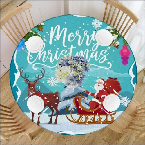 Vista 7 de Mantel redondo de Navidad, impermeable y borrable con borde elástico, jamón de cerdo asado servido con papas horneadas, se adapta a mesa redonda