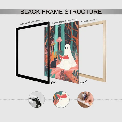 Vista 3 de Bonito arte de lectura de fantasmas, póster de pared de bosque de Halloween con hongos y plantas, impresión de lectura de fantasmas caprichosa