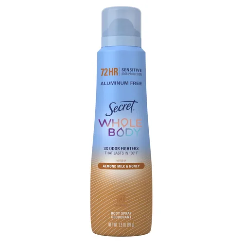 Vista 10 de Secret Desodorante en aerosol para todo el cuerpo para mujer, aroma a leche de almendra y miel, desodorante sin aluminio, protección contra olores
