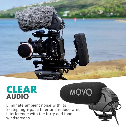 Vista 2 de Movo VXR3031 Micrófono de escopeta – Micrófono supercardioide en cámara con filtro de paso alto de 2 pasos, control de nivel de audio de 3 etapas