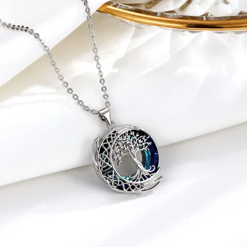 Vista 3 de Kattepote Moon Tree of Life Necklace S925 Sterling Silver Crystal Tree of Life Pendant Necklace Celtic Knot Full Moon Tree of Life Women's Jewellery