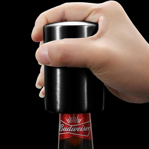 Vista 2 de Regalo del Día del Padre para Papá, abrebotellas YUDANSI Push Down, abridores automáticos de cerveza, removedor de tapas de botella de acero Negro