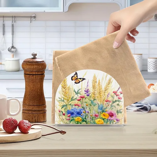 Vista 6 de Servilletero rústico con flores silvestres y mariposas para mesas, servilleteros de acrílico transparente, servilleteros de cóctel para cocina