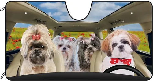 Vista 19 de Parasol Schnauzer para parabrisas delantero de automóvil con el mar de flores, parasol para parabrisas de vehículo, reflector de rayos UV, protector