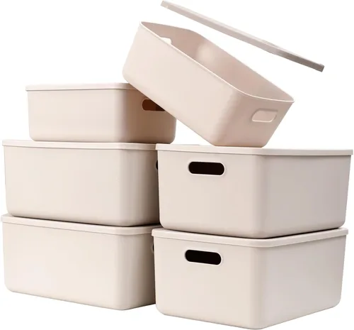 Vista 7 de Yishyfier Cestas de Almacenamiento de Plástico con Tapa Contenedor Organizador Contenedores Organizadores de Tejido de Punto con Tapa para Estantes