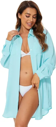 Vista 5 de Sexy vestido de gasa para mujer, estilo camiseta, para poner sobre el traje de baño, abotonado al frente ideal para la playa, estilo Vogue