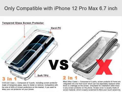 Vista 2 de Carcasa COOLQO compatible con iPhone 12 Pro Max, de 6,7 pulgadas, con 2 protectores de pantalla de vidrio templado transparente, 360º de cobertura