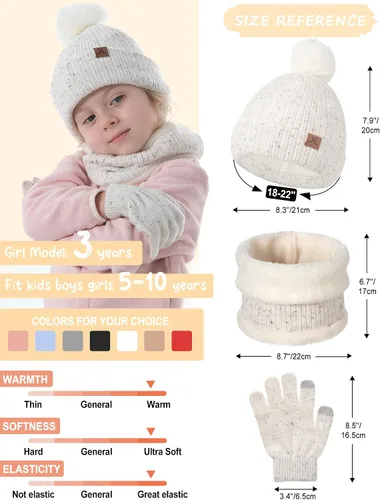 Vista 6 de Toddler Hat Scarf Glove Set 2t-4t Boy Girls Winter Beanie Hat Neck Warmer Mitten Kids Hats And Gloves Ages 4-8 Fleece Lined