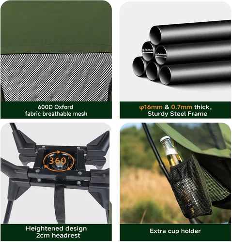 Vista 6 de Silla de camping giratoria de 360° mejorada para adultos, silla plegable portátil con soporte para tazas, mochila compacta ligera para exteriores