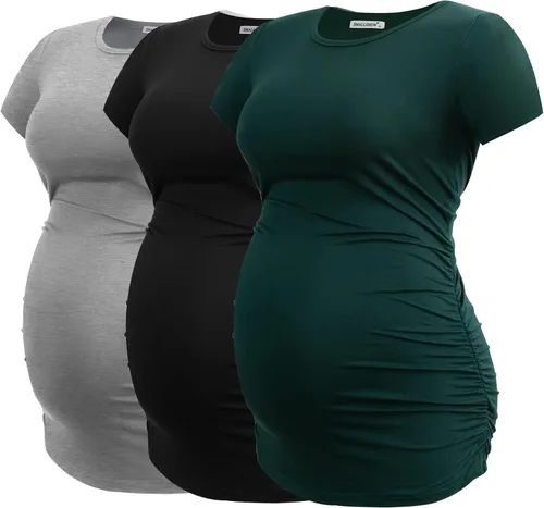 Vista 30 de Smallshow - Camiseta de maternidad para mujer, lados fruncidos, tipo túnica, prendas para el embarazo Verde militar-negro-gris profundo
