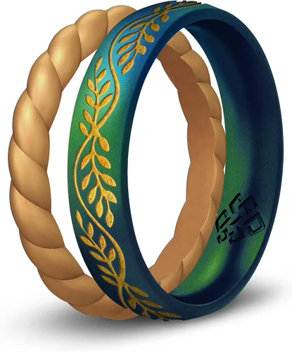 Vista 13 de Knot Theory Anillo de silicona de filigrana y hoja de laurel con incrustaciones de oro, anillo de boda de silicona grabado, para actividades