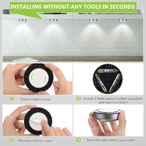Vista 4 de Macarrie Paquete de 24 luces de disco con toque de presión, mini luz nocturna LED inalámbrica táctil de 2.68 pulgadas, 60 lúmenes, funciona